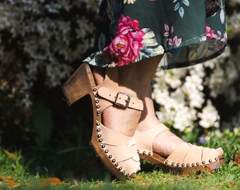 NEW Swedish Clogs Peep Toe Stud Dusty Pink Suede Leather by Lotta from Stockholm / Wooden Clogs / Sandals / High Heel / lottafromstockholm