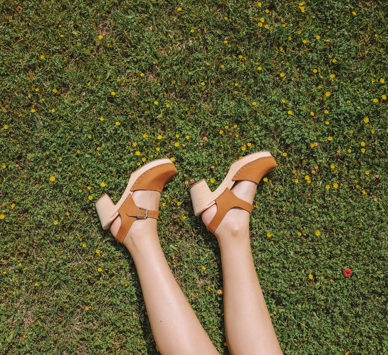 Swedish Clogs Womens High Heels. Highwood Brown Oiled Nubuck Leather by Lotta from Stockholm Mary Jane Shoes Wooden Clogs made in Sweden