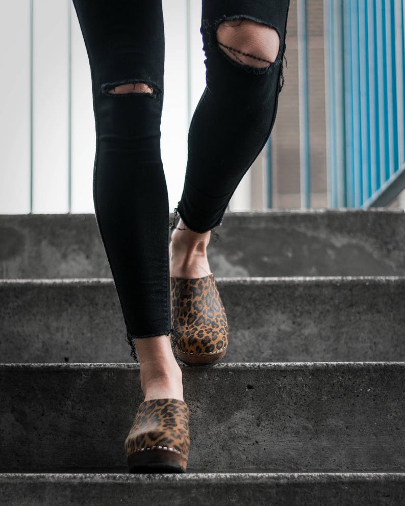 Leopard Print Womens High Heels Classic Clogs with brown wooden clogs base.