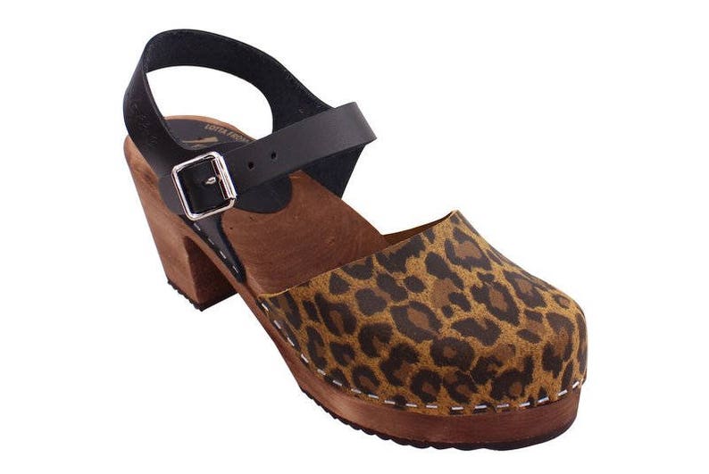 Swedish Clogs Highwood Leopard Brown Base Sole Leather by Lotta from Stockholm Wooden Clogs Summer Sandals High Heel Shoes