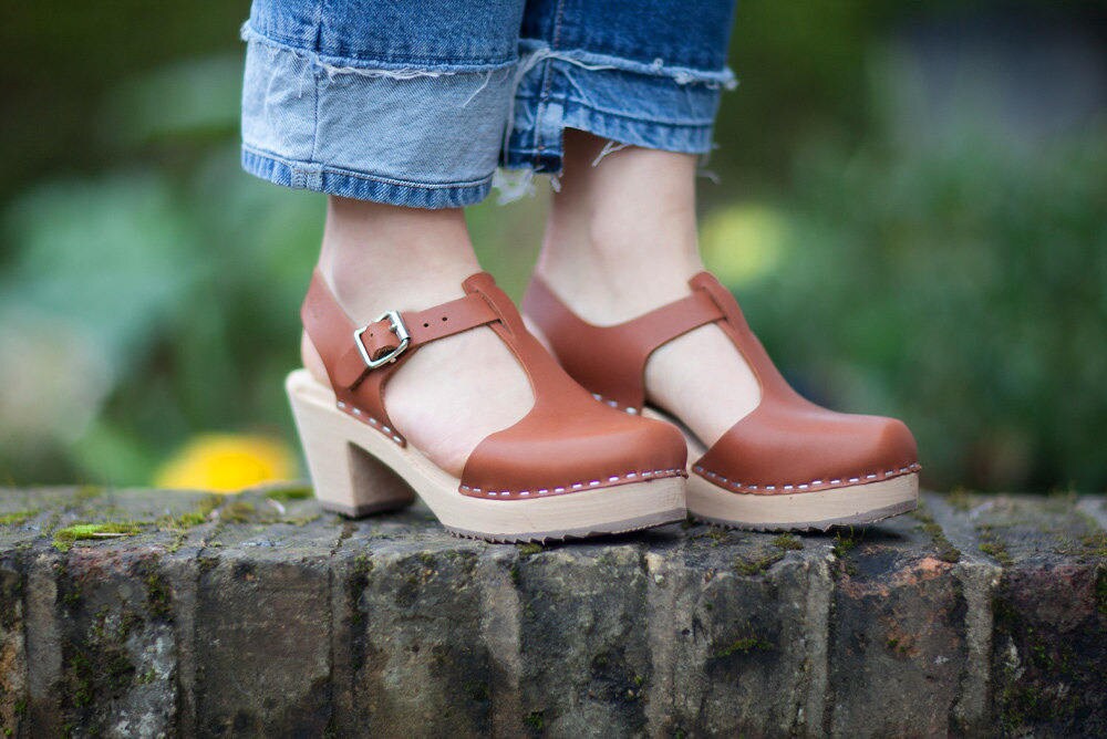 Swedish Clogs Highwood T-Bar Tan Leather by Lotta from