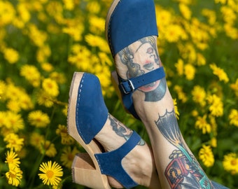 Swedish Clogs Highwood Lazuli Blue Oiled Nubuck Leather sandals by Lotta from Stockholm Wooden Clogs High Heels Mary Jane Shoes