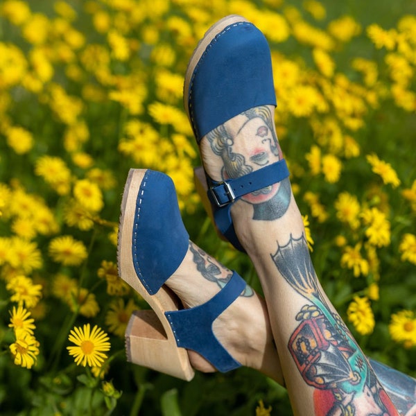 Swedish Clogs Highwood Lazuli Blue Oiled Nubuck Leather sandals by Lotta from Stockholm Wooden Clogs High Heels Mary Jane Shoes