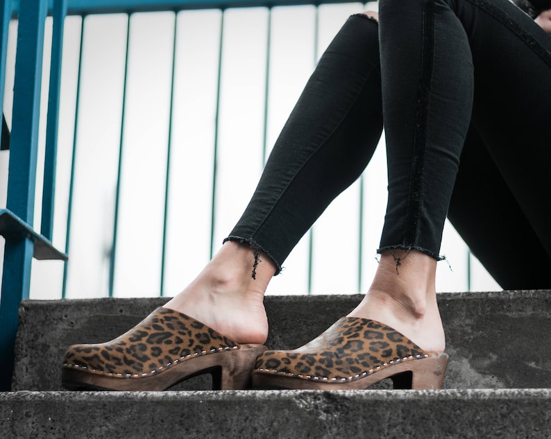 Leopard Print Womens High Heels Classic Clogs with brown wooden clogs base.