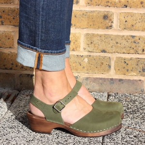 Green Clogs Swedish Clogs Mary Jane Shoes by Lotta from Stockholm Scandinavian Wooden Clogs Low Heel Made in Sweden