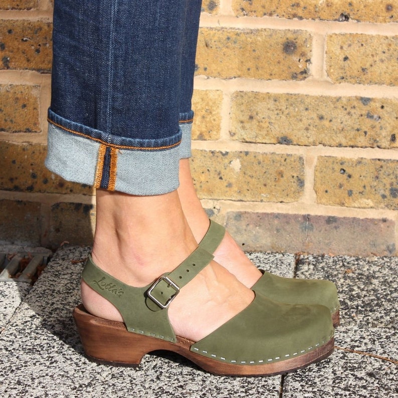 Green Clogs Swedish Clogs Mary Jane Shoes by Lotta from Stockholm Scandinavian Wooden Clogs Low Heel Made in Sweden