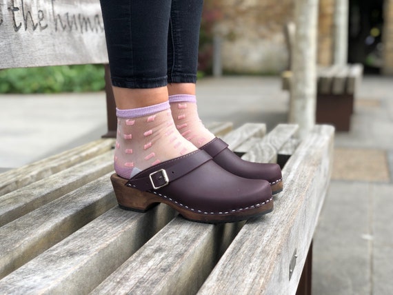 Swedish Clogs Classic Aubergine Leather With Strap by Lotta 