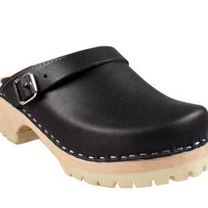 Swedish Clogs Classic Black Leather on Tractor Base by Lotta from Stockholm Wooden Handmade in Sweden Mules Low Heels