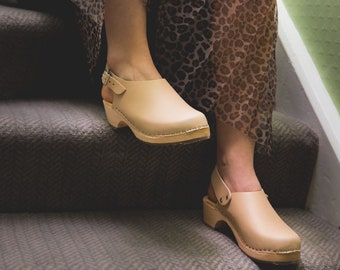 Swedish Clogs Mules Low Sling Palomino Leather by Lotta from Stockholm / Wooden Clogs / Handmade /Sweden /lottafromstockholm