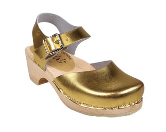 Childrens Shoes Kids Swedish Clogs Little Lotta's Gold Leather by Lotta from Stockholm Wooden Clogs Mary Jane Shoes perfect Bridal Shoes