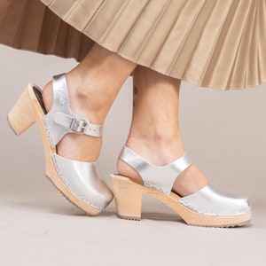 Swedish Clogs Womens High Heels Silver PU Leather Clogs by Lotta from Stockholm Wooden Clogs Mary Jane Shoes Bridal Shoes