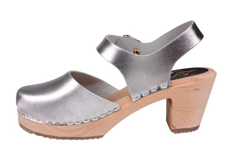 Swedish Clogs Womens High Heels Silver PU Leather Clogs by Lotta from Stockholm Wooden Clogs Mary Jane Shoes Bridal Shoes