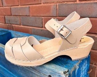 Womens Clogs Leather Sandals Low Heels Peep Toe Clogs in Palomino Leather by Lotta from Stockholm Wooden Clogs handmade in Sweden