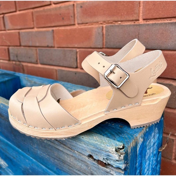 Womens Clogs Leather Sandals Low Heels Peep Toe Clogs in Palomino Leather by Lotta from Stockholm Wooden Clogs handmade in Sweden