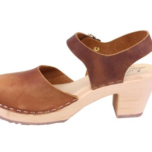 Swedish Clogs Womens High Heels. Highwood Brown Oiled Nubuck Leather by Lotta from Stockholm Mary Jane Shoes Wooden Clogs made in Sweden