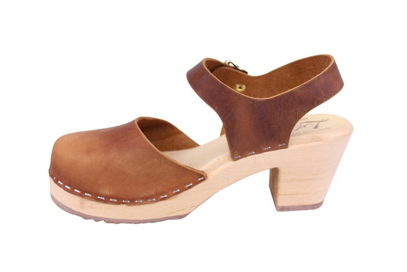 Swedish Clogs Womens High Heels. Highwood Brown Oiled Nubuck Leather by Lotta from Stockholm Mary Jane Shoes Wooden Clogs made in Sweden