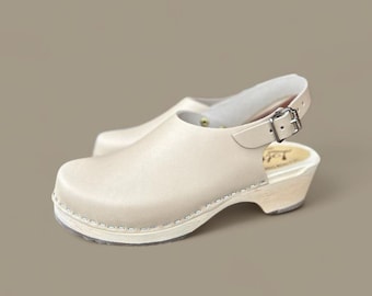 Swedish Clogs Mules Low Sling Palomino Leather by Lotta from Stockholm / Wooden Clogs / Handmade /Sweden /lottafromstockholm