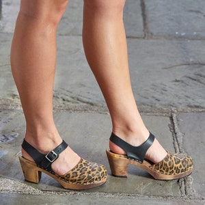 Swedish Clogs Womens High Heels. Highwood Leopard print Leather by Lotta from Stockholm