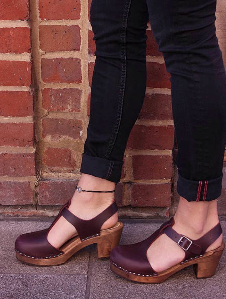 Swedish Clogs Highwood T-Bar Aubergine Leather by Lotta from Stockholm / Wooden Clogs / Sandals / High Heel / Mary Jane / lottafromstockholm image 4