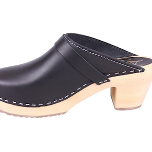 Swedish Clogs High Heel Classic Black Leather by Lotta from Stockholm. Wooden Clogs. Womens mules Handmade in Sweden.