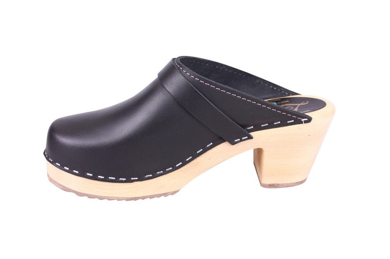 Swedish Clogs High Heel Classic Black Leather by Lotta from Stockholm. Wooden Clogs. Womens mules Handmade in Sweden.