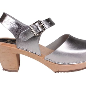 Swedish Clogs Womens High Heels Silver PU Leather Clogs by Lotta from Stockholm Wooden Clogs Mary Jane Shoes Bridal Shoes