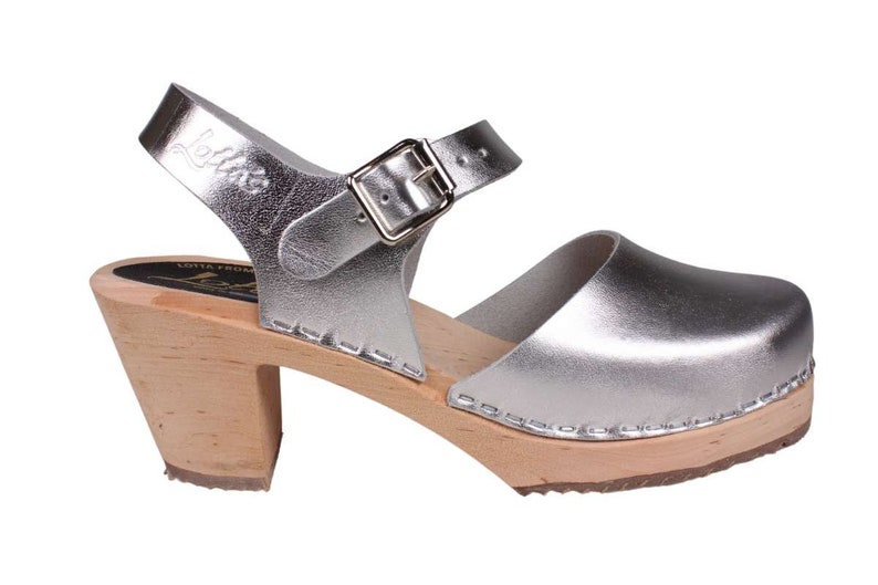 Swedish Clogs Womens High Heels Silver PU Leather Clogs by Lotta from Stockholm Wooden Clogs Mary Jane Shoes Bridal Shoes