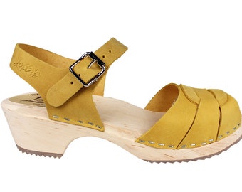yellow clog heels