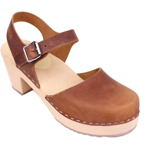 Swedish Clogs Womens High Heels. Highwood Brown Oiled Nubuck Leather by Lotta from Stockholm Mary Jane Shoes Wooden Clogs made in Sweden