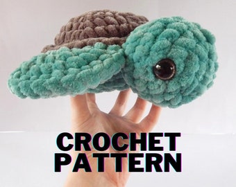 May include: Crochet pattern for a teal and brown crocheted turtle amigurumi toy. The turtle has large eyes and a small mouth.
