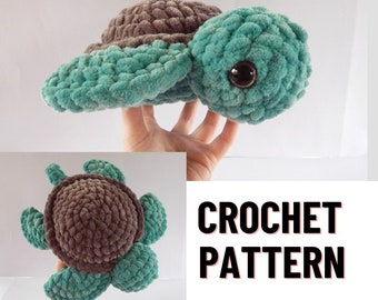 May include: A handmade crochet turtle in shades of brown and teal. The turtle has a textured shell and flippers, with a large, dark eye. The image also includes the text "CROCHET PATTERN".