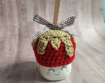 Candy Apple marshmallow mug hat, fruit marshmallow mug hat,  crochet marshmallow mug hat, fall marshmallow mug hat