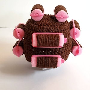 Crochet newborn brown hair roller hat, baby old lady hat, old woman hat, granny hat, hair curler hat, crochet baby wig, old granny wig