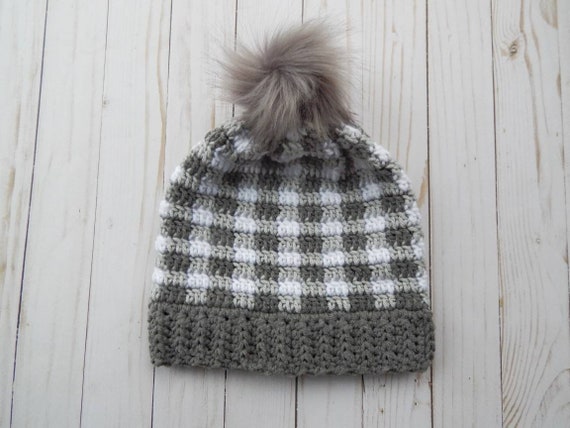 Crochet Buffalo Plaid Slouchy Pom Pom 