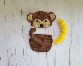 Crochet newborn monkey costume, newborn monkey outfit, newborn photo prop, crochet monkey suit, baby's 1st halloween, baby shower gift