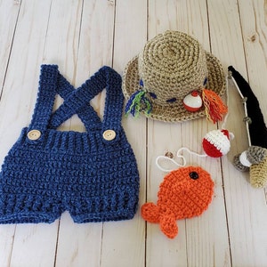 Handmade Crochet Newborn Fishing Outfit – Baby Fisherman Hat, Overalls, and Fish Prop Set