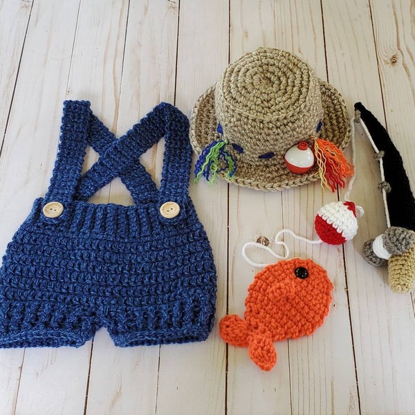 Crochet newborn fishing outfit, crochet fishing hat, crochet overalls, fishing pole prop, crochet fish, baby fishing outfit, fisherman outfi