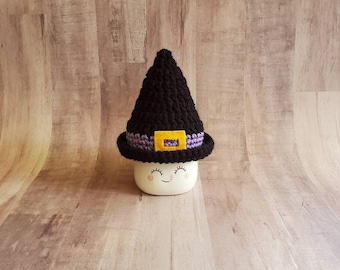 Witch marshmallow mug hat, blqck witch hat marshmallow mug hat,  crochet marshmallow mug hat, halloween marshmallow mug hat