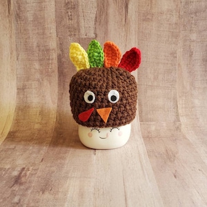 Turkey marshmallow mug hat, Thanksgiving marshmallow mug hat,  crochet marshmallow mug hat, fall marshmallow mug hat