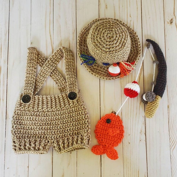 Crochet newborn fishing outfit, crochet fishing hat, crochet overalls, fishing pole prop, crochet fish, baby fishing outfit, fisherman outfi