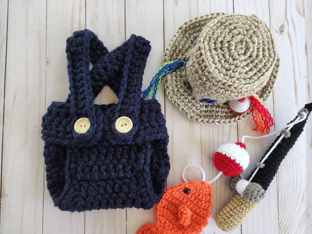 Crochet Newborn Fishing Outfit, Crochet Fishing Hat, Crochet