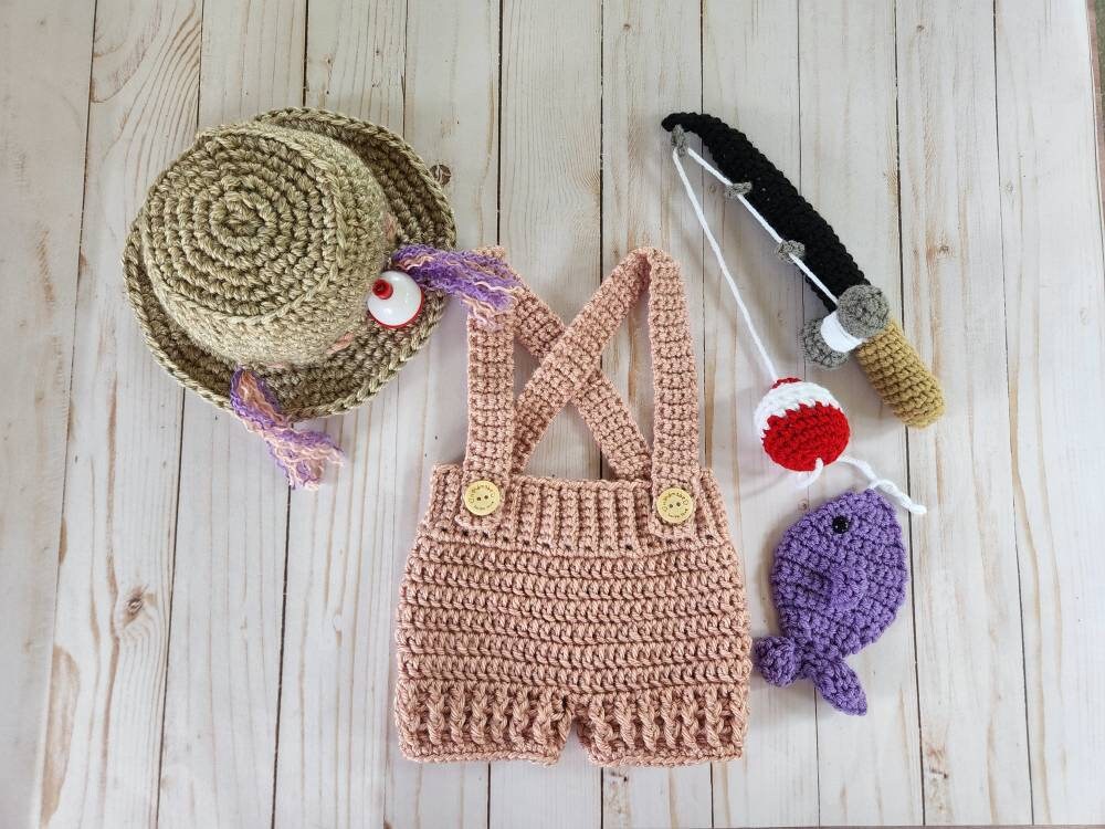 Crochet Newborn Girl Fishing Outfit, Crochet Fishing Hat, Crochet Overalls,  Fishing Pole Prop, Crochet Fish, Baby Fishing Outfit 
