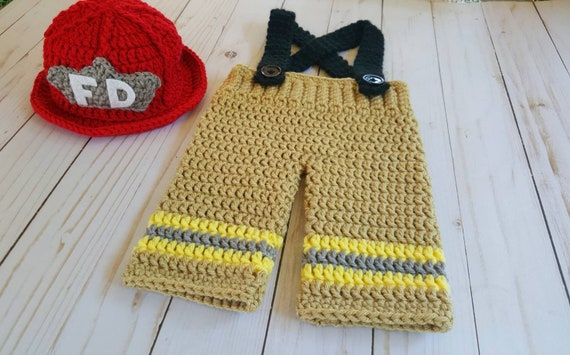 Crochet newborn firefighter costume outfit, newborn fireman outfit, newborn fire outfit, crochet newborn suspenders, crochet fireman hat
