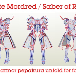 Puede incluir: Un dibujo de línea de un personaje de la serie Fate, Saber of Red, con armadura completa. La imagen muestra tres vistas diferentes del personaje, con la armadura desplegada para la elaboración de espuma. El texto "Fate Mordred / Saber of Red" y "full armor pepakura unfold for foam" es visible en la imagen.