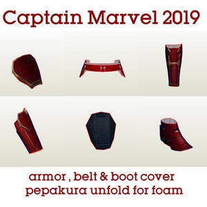 May include: Captain Marvel 2019 armor, belt & boot cover pepakura unfold for foam. This digital download includes templates for creating a costume.