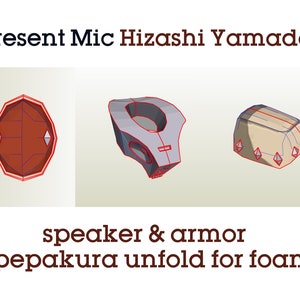 May include: A 3D model of a speaker and armor, designed for foam crafting. The model is unfolded and ready to be cut out and assembled. The speaker is a red octagon with two small diamond-shaped details. The armor is a gray skull-shaped piece with a hole in the center. The armor also has a small, beige, rectangular piece with diamond-shaped details.