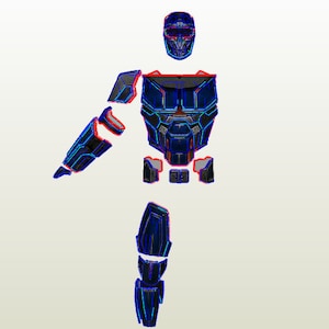 Może przedstawiać: Futurystyczny pancerz w kolorze niebieskim i czarnym z hełmem. Pancerz jest segmentowy i ma szczegółowy projekt.