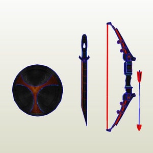 Puede incluir: Un conjunto de armas de fantasía que incluye un escudo negro y rojo, una espada negra con mango rojo y un arco negro con detalles rojos y azules y una cuerda roja.