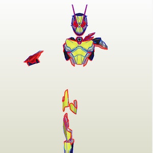 May include: A papercraft model of a yellow and red superhero with a helmet and a black chest piece. The model is disassembled into multiple pieces.