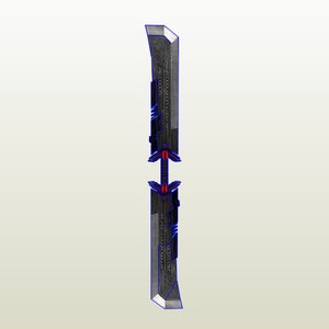 Könnte beinhalten: Ein schwarzes, doppelschneidiges Schwert mit einer silbernen Klinge und einem roten Griff. Das Schwert hat ein futuristisches Design mit komplizierten Details.